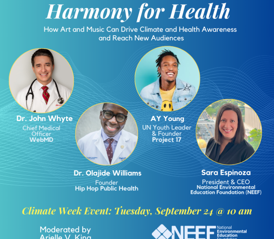 Blue banner with photos of panelists in circle frames