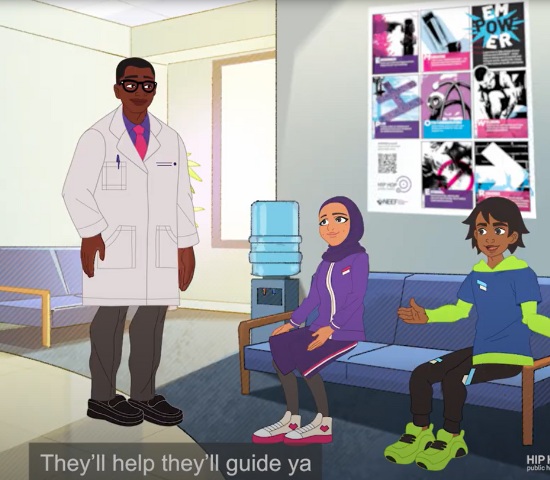 Animated image of doctor talking to two young adults