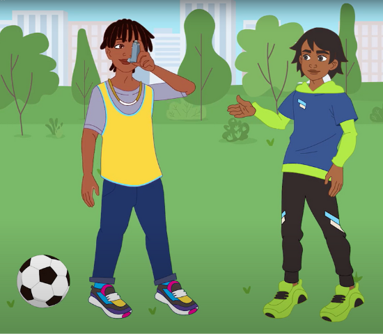 Animation of two young men playing soccer one with an ashtma inhaler
