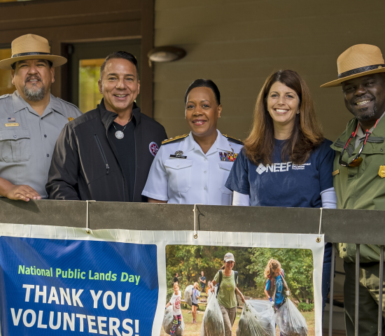 At Smoky Mountains (L to R) Charles Sams III, Principal Chief Richard G. Sneed, Rear Admiral Denise Hinton, Meri-Margaret Deoudes