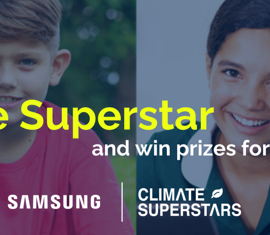 Be a Climate Superstar and win prizes for your classroom; photos of four diverse students in background.