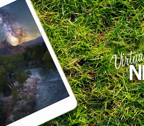 Tablet in the grass; Copyright: wiiin (https://stock.adobe.com/images/digital-tablet-on-the-green-grass/110646825) and aheflin (https://stock.adobe.com/images/milkyway-over-the-watchman-zion-national-park-utah/167048635)