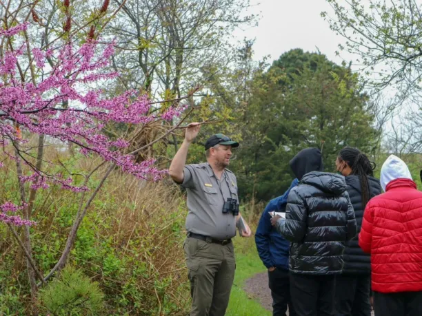 Photo of park ranger teaching students about a tree