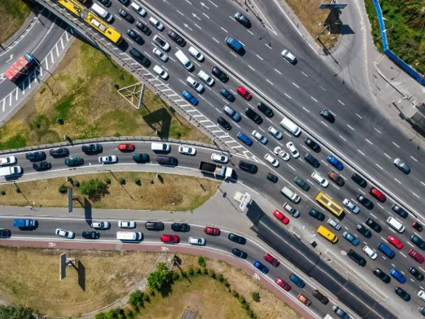 aerial view of a busy highway with a traffic jam during the holidays