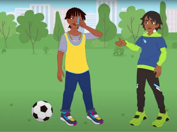 Animation of two young men playing soccer one with an ashtma inhaler