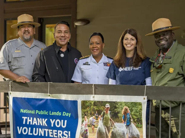 At Smoky Mountains (L to R) Charles Sams III, Principal Chief Richard G. Sneed, Rear Admiral Denise Hinton, Meri-Margaret Deoudes