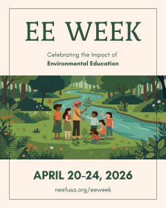 EE Week 2026 Graphic -celebrating the impact of environmental education - an illustrated graphic of a teacher explaining a plant to a group of students in the outdoors