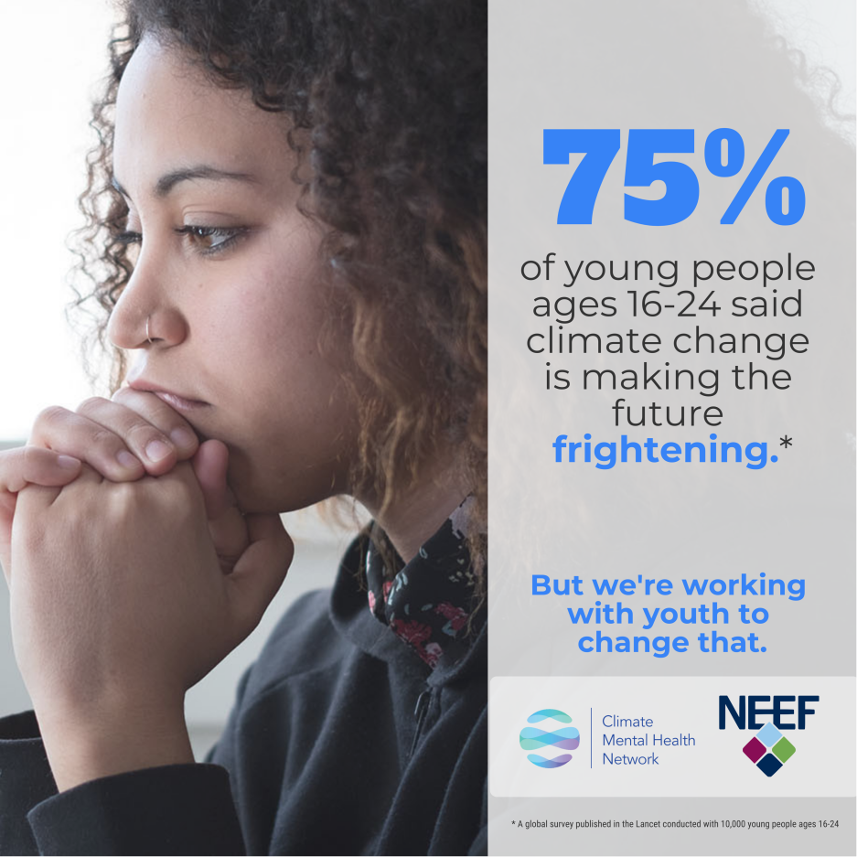 Young woman looking pensive with a statistic about youth finding the future frightening