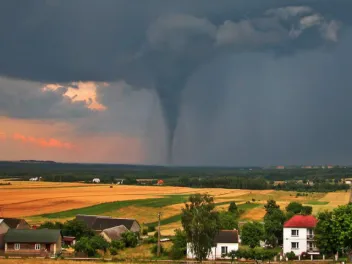 Tornado over a field seen from a distance