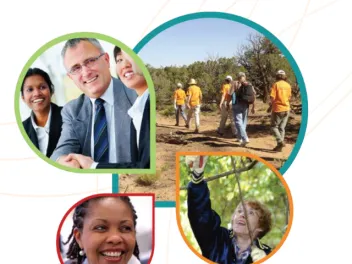 Collage of business people and people volunteering outdoors