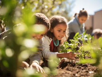 Young kids outdoors in a garden looking at plants