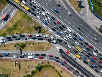 aerial view of a busy highway with a traffic jam during the holidays