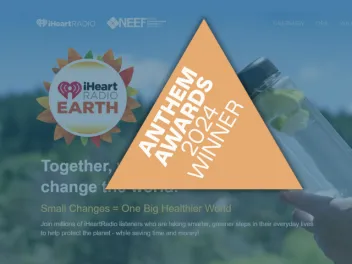 A triangle badge saying "Anthem Award 2024 Winner" and the NEEF and iHeartRadio Earth website in the background
