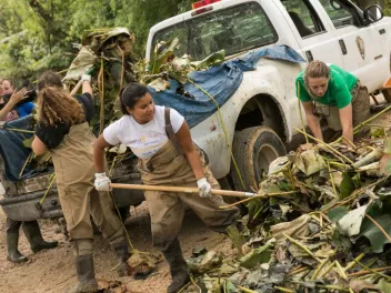 A group of volunteers wearing overalls and waders shovel a pile of invasive plants into the back of a National Park Service pickup truck to be hauled away