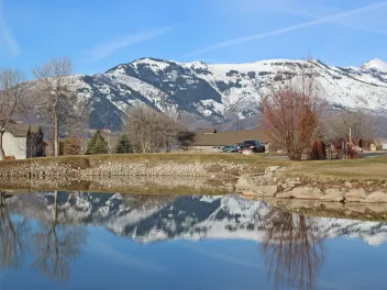 Mountains in distance with water in foreground