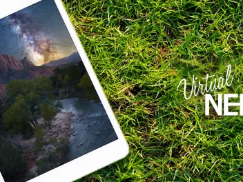 Tablet in the grass; Copyright: wiiin (https://stock.adobe.com/images/digital-tablet-on-the-green-grass/110646825) and aheflin (https://stock.adobe.com/images/milkyway-over-the-watchman-zion-national-park-utah/167048635)