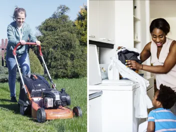 Resolve to save collage from left: woman putting dishes in dishwasher, woman cutting grass, mother and son doing laundry, man looking at a cup in a second hand shop surrounded by housewares and clothing