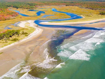 Aerial view of Little River estuary in Wells Estuarine Reserve, Maine