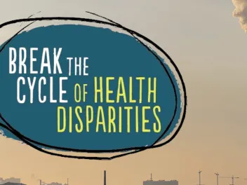 photo of industrial stacks with pollution and the logo break the cycle of health disparities