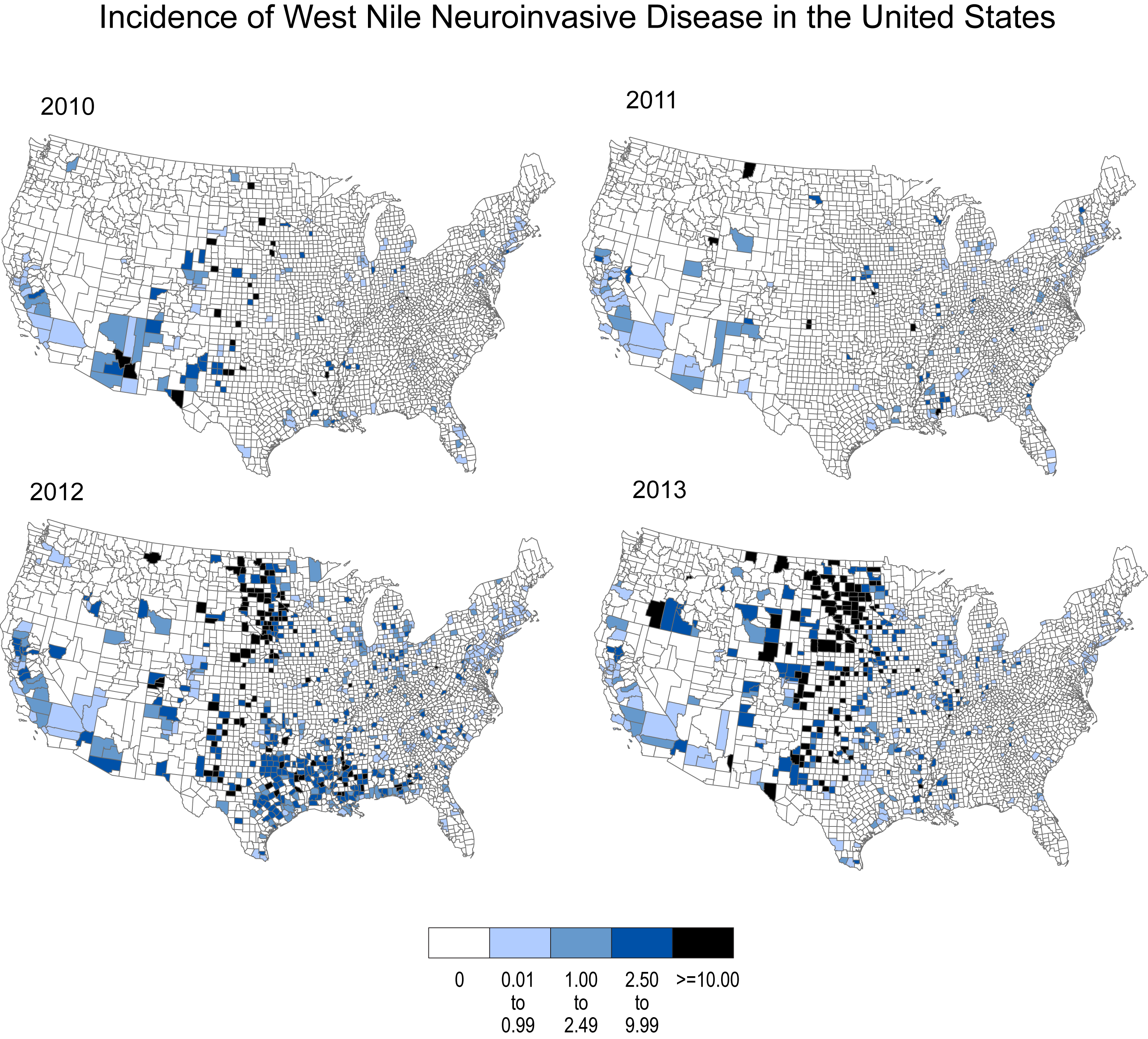 Incidence of West Nile Neuroinvasive Disease by County in the United States